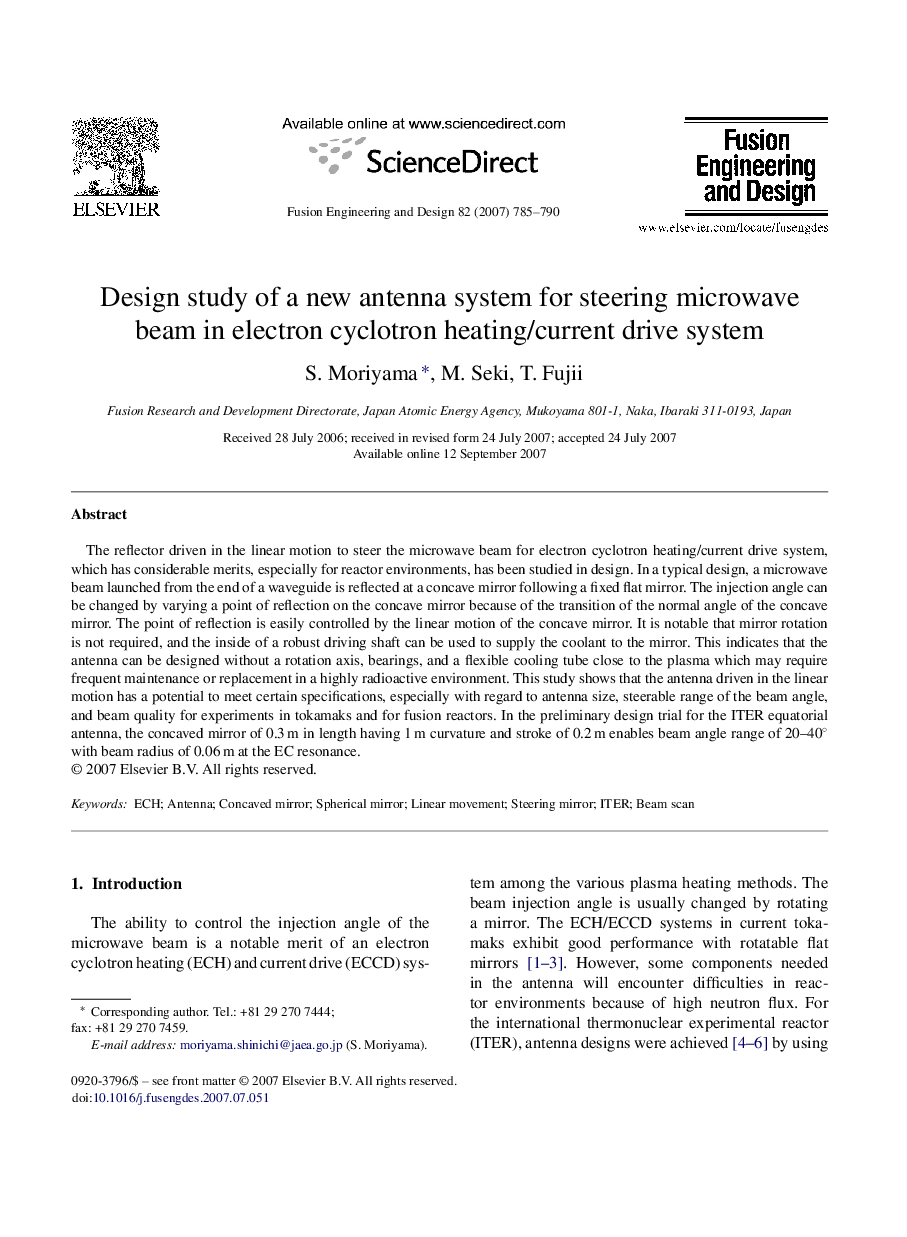 عکس صفحه اول مقاله: Design study of a new antenna system for steering microwave beam in electron cyclotron heating/current drive system Design study of a new antenna system for steering microwave beam in electron cyclotron heating/current drive system