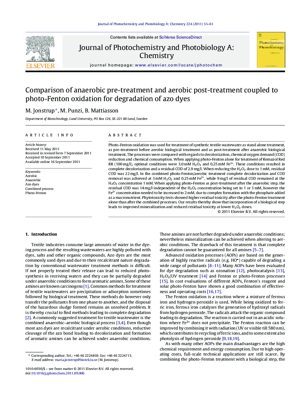 Comparison of anaerobic pre-treatment and aerobic post-treatment coupled to photo-Fenton oxidation for degradation of azo dyes