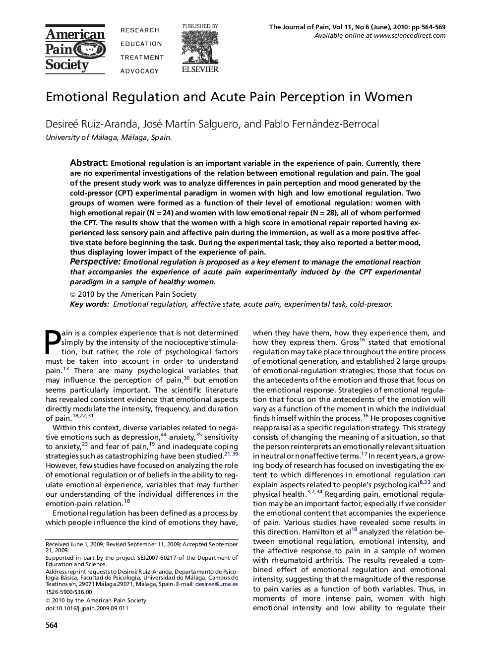 Emotional Regulation and Acute Pain Perception in Women 