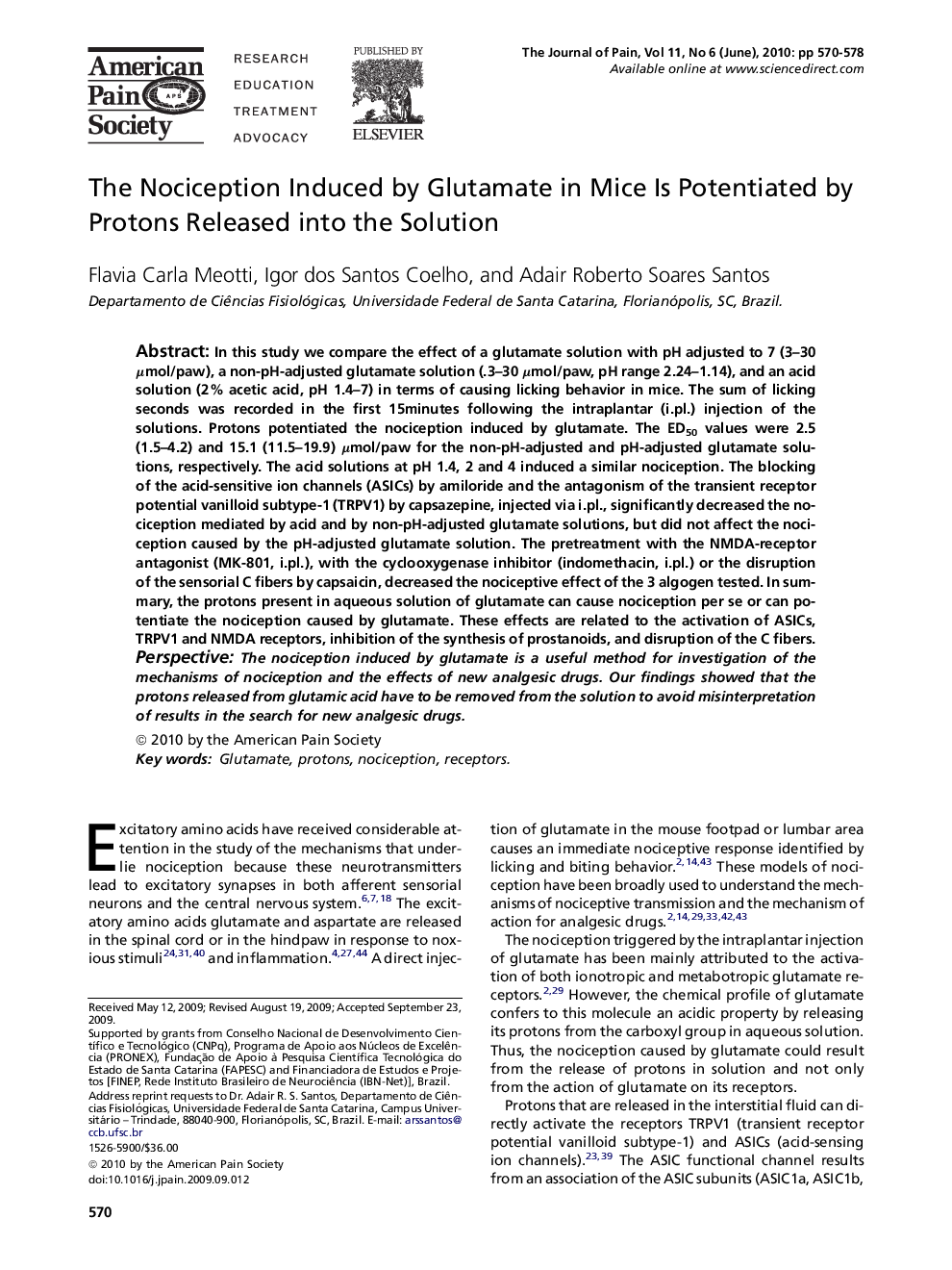 The Nociception Induced by Glutamate in Mice Is Potentiated by Protons Released into the Solution 