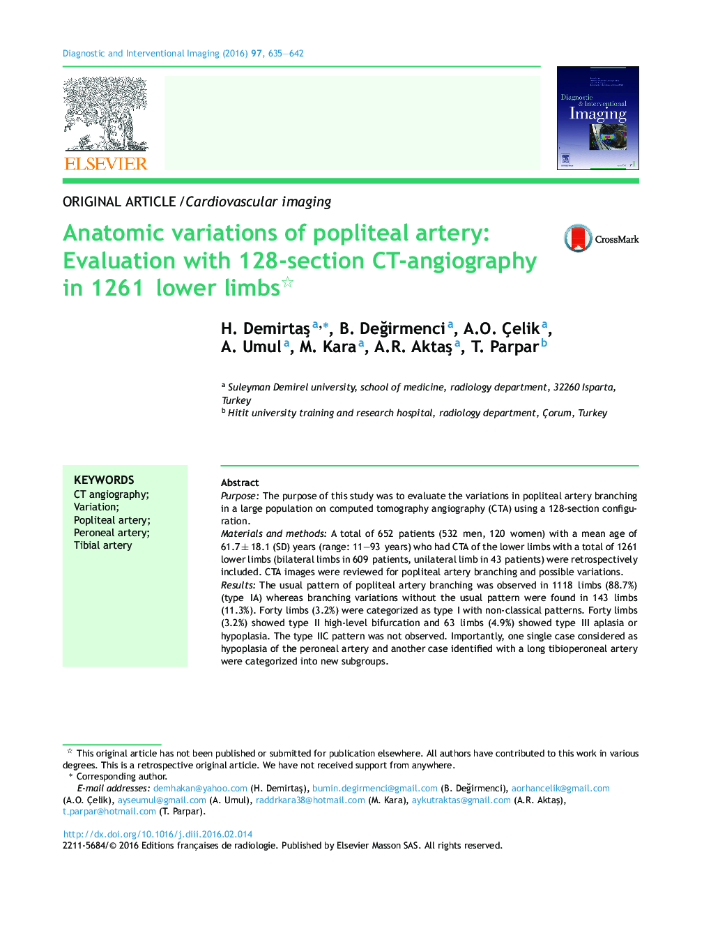 Anatomic variations of popliteal artery: Evaluation with 128-section CT-angiography in 1261 lower limbs 