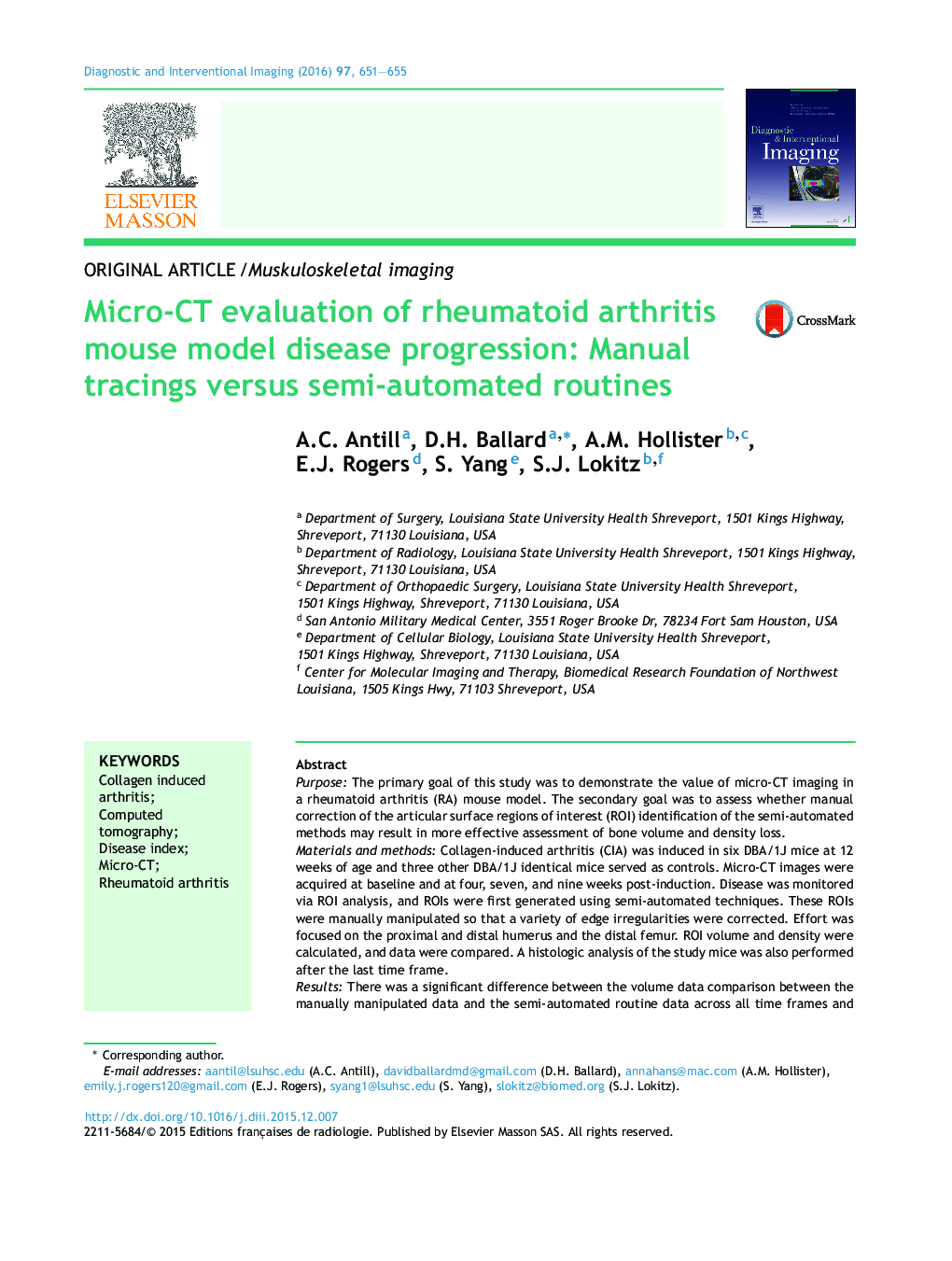 Micro-CT evaluation of rheumatoid arthritis mouse model disease progression: Manual tracings versus semi-automated routines