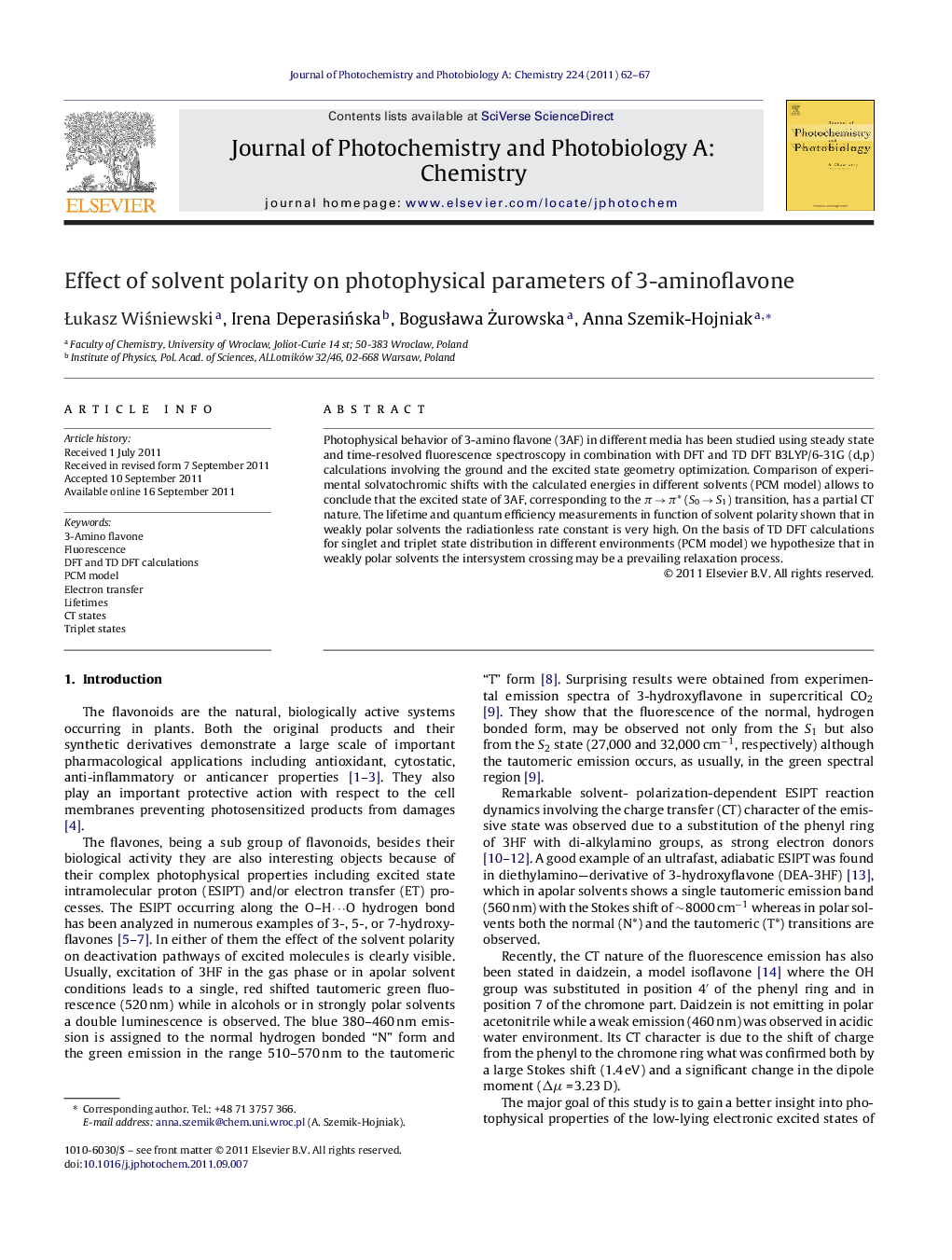 Effect of solvent polarity on photophysical parameters of 3-aminoflavone