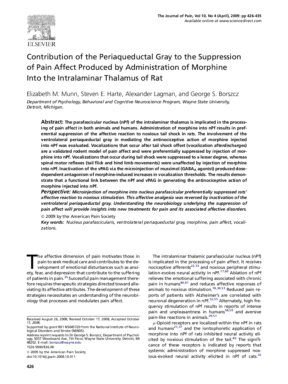 Contribution of the Periaqueductal Gray to the Suppression of Pain Affect Produced by Administration of Morphine Into the Intralaminar Thalamus of Rat 