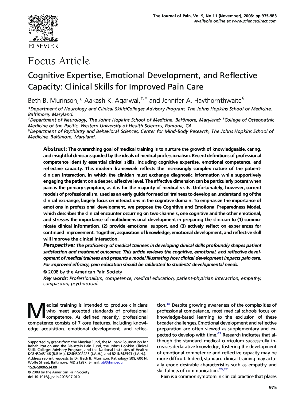 Cognitive Expertise, Emotional Development, and Reflective Capacity: Clinical Skills for Improved Pain Care 