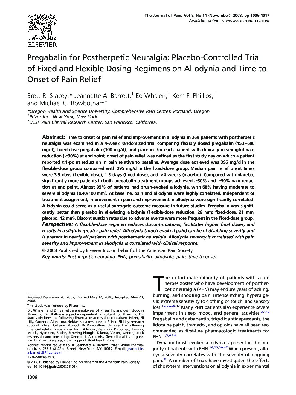 Pregabalin for Postherpetic Neuralgia: Placebo-Controlled Trial of Fixed and Flexible Dosing Regimens on Allodynia and Time to Onset of Pain Relief 