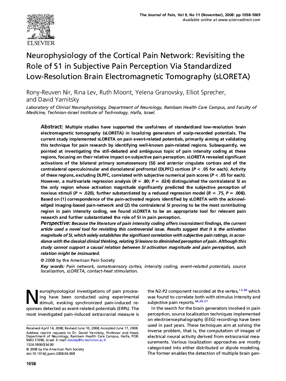 Neurophysiology of the Cortical Pain Network: Revisiting the Role of S1 in Subjective Pain Perception Via Standardized Low-Resolution Brain Electromagnetic Tomography (sLORETA)