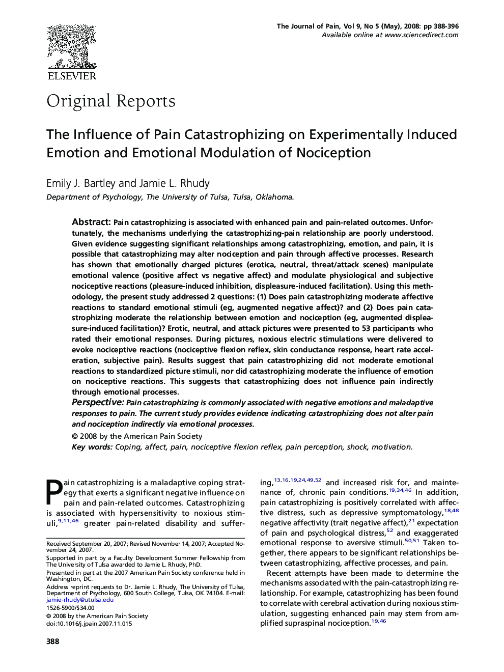 The Influence of Pain Catastrophizing on Experimentally Induced Emotion and Emotional Modulation of Nociception 