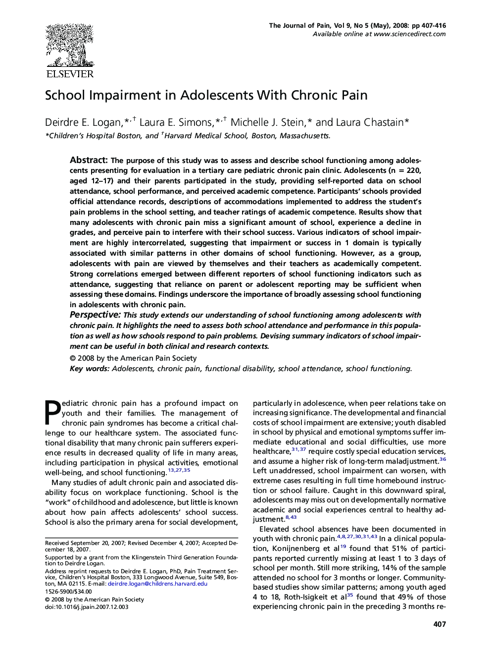 School Impairment in Adolescents With Chronic Pain 