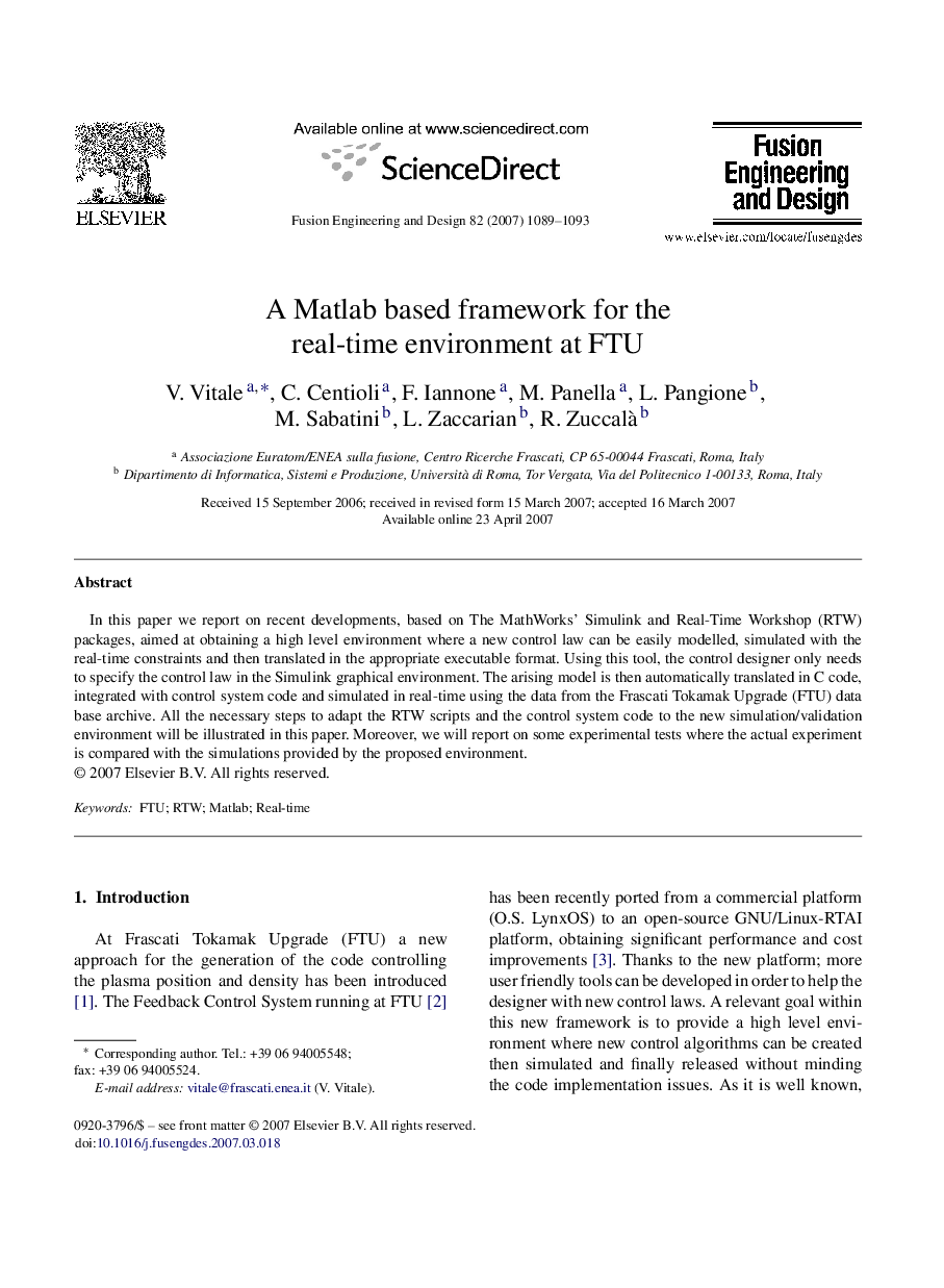 A Matlab based framework for the real-time environment at FTU