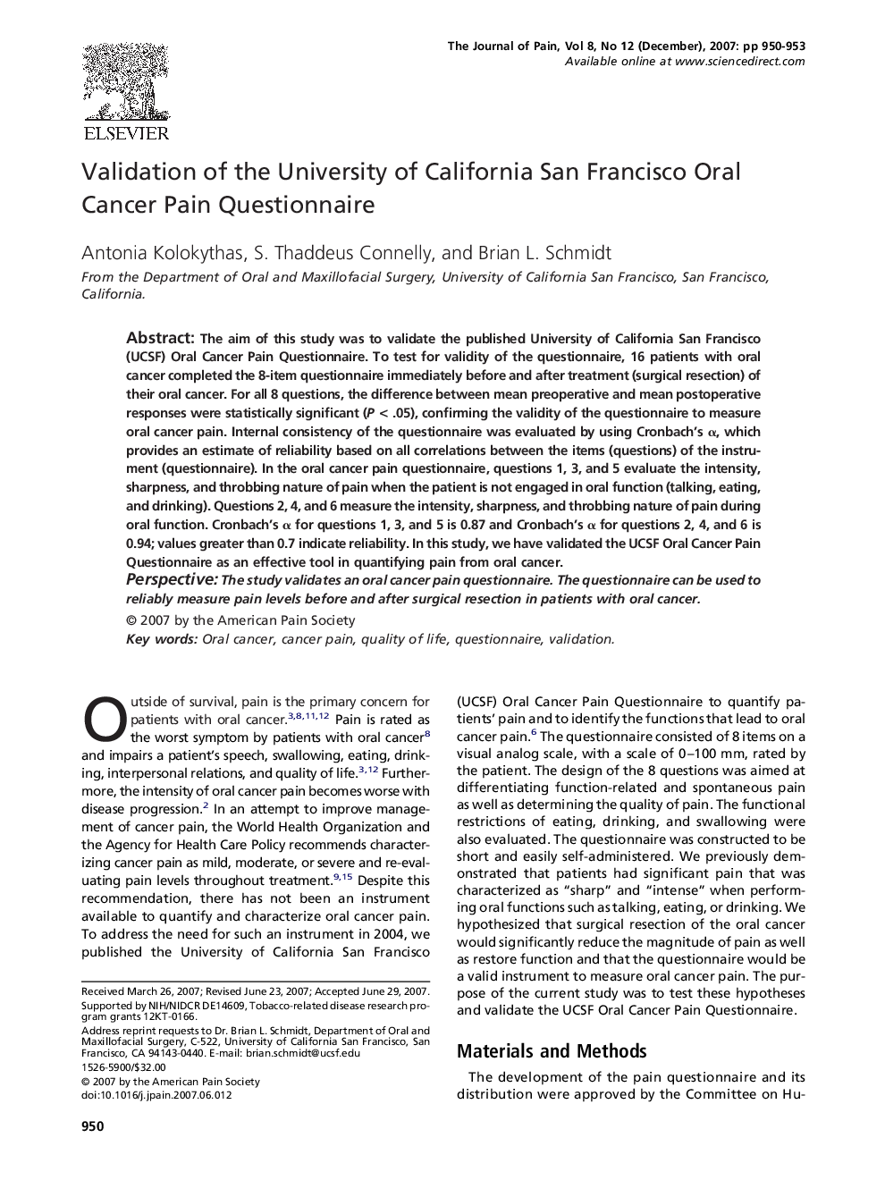 Validation of the University of California San Francisco Oral Cancer Pain Questionnaire 