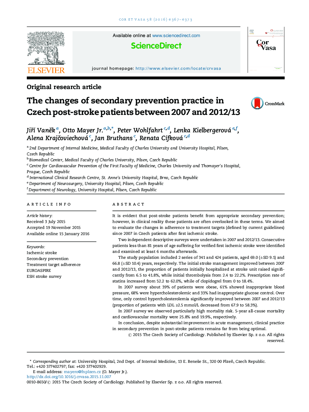 The changes of secondary prevention practice in Czech post-stroke patients between 2007 and 2012/13
