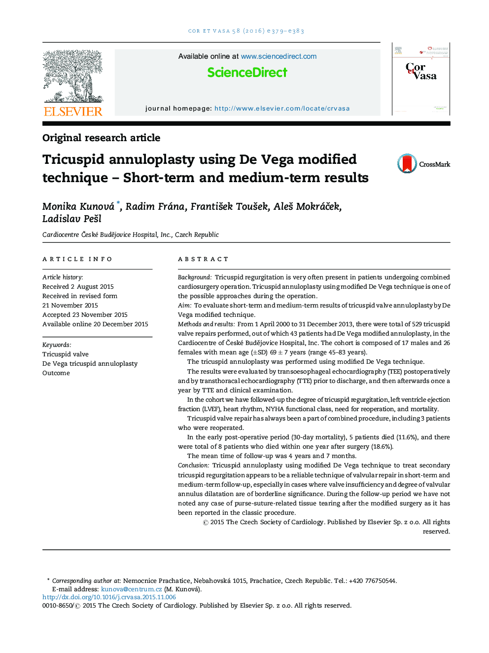 Tricuspid annuloplasty using De Vega modified technique – Short-term and medium-term results