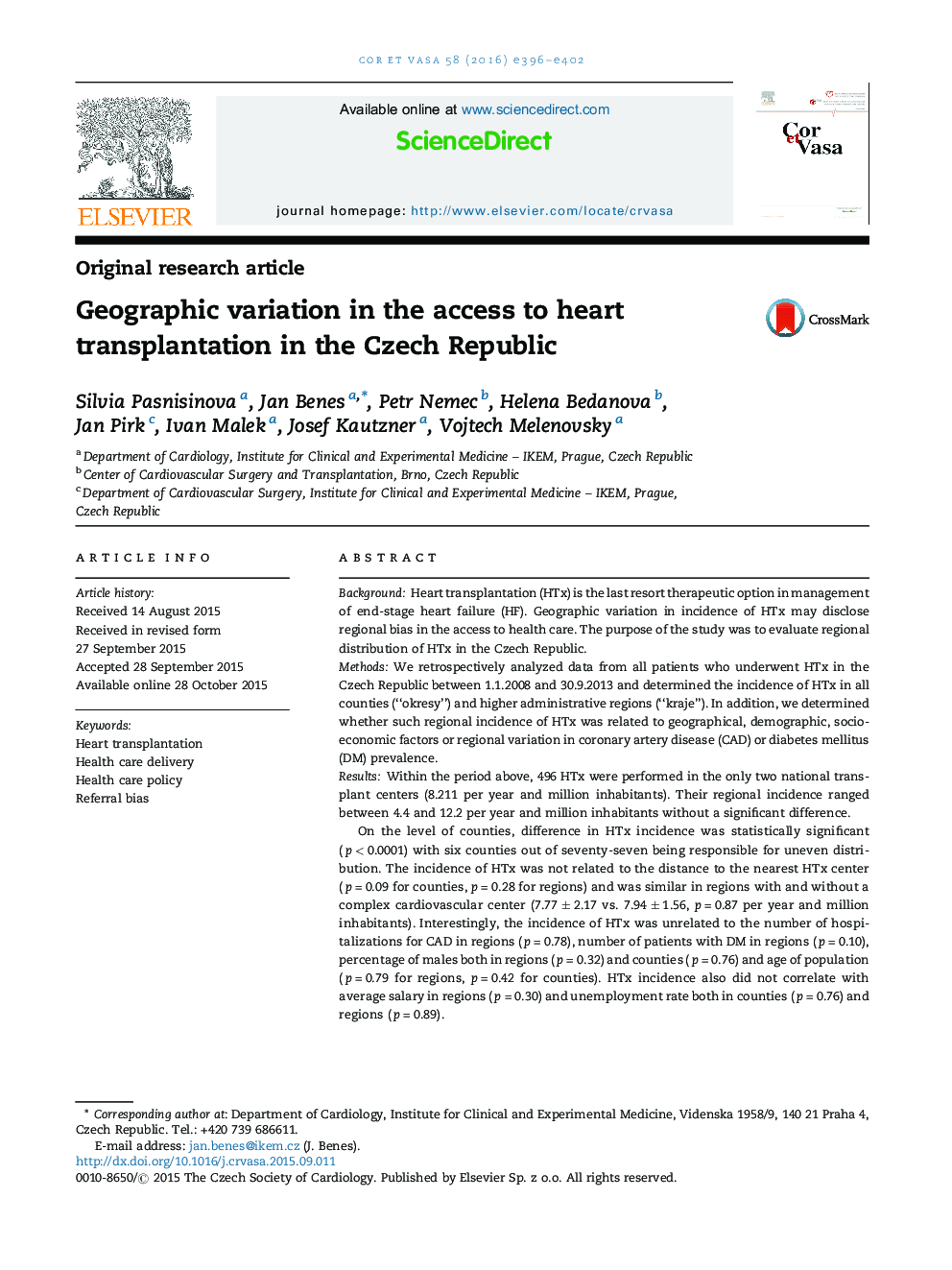 Geographic variation in the access to heart transplantation in the Czech Republic