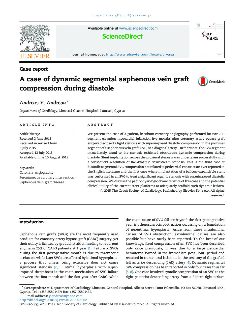 A case of dynamic segmental saphenous vein graft compression during diastole