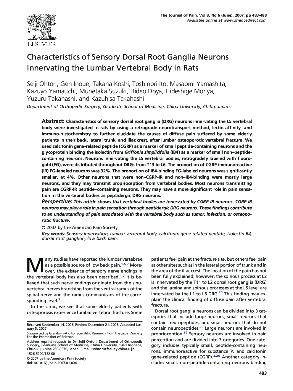 Characteristics of Sensory Dorsal Root Ganglia Neurons Innervating the Lumbar Vertebral Body in Rats 