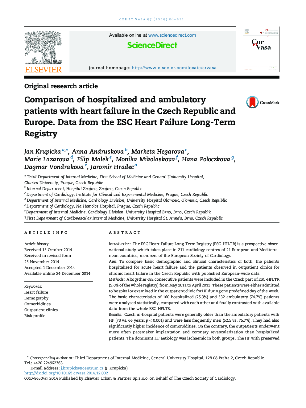 Comparison of hospitalized and ambulatory patients with heart failure in the Czech Republic and Europe. Data from the ESC Heart Failure Long-Term Registry