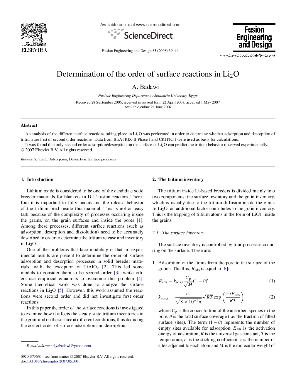 Determination of the order of surface reactions in Li2O