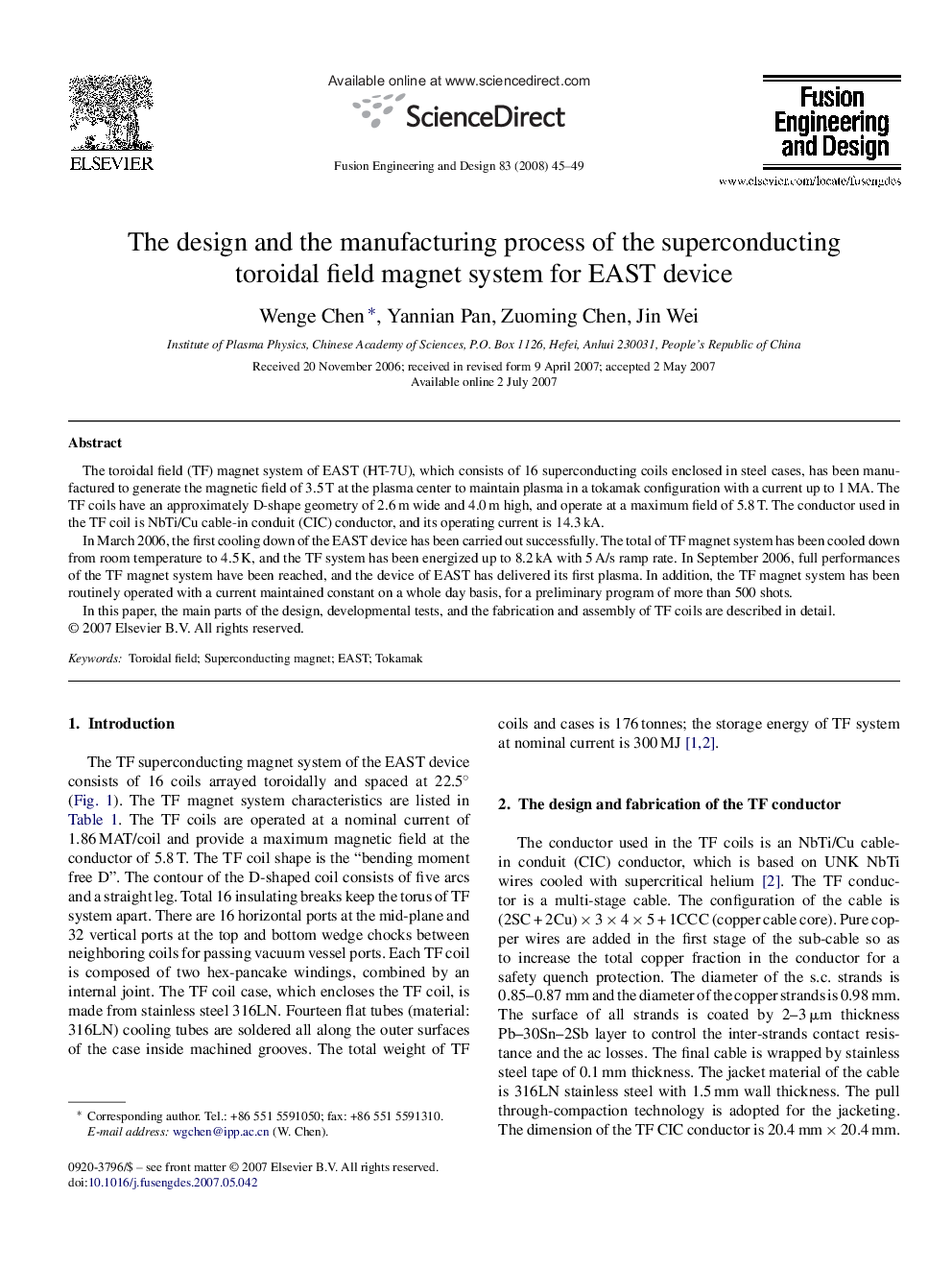 The design and the manufacturing process of the superconducting toroidal field magnet system for EAST device