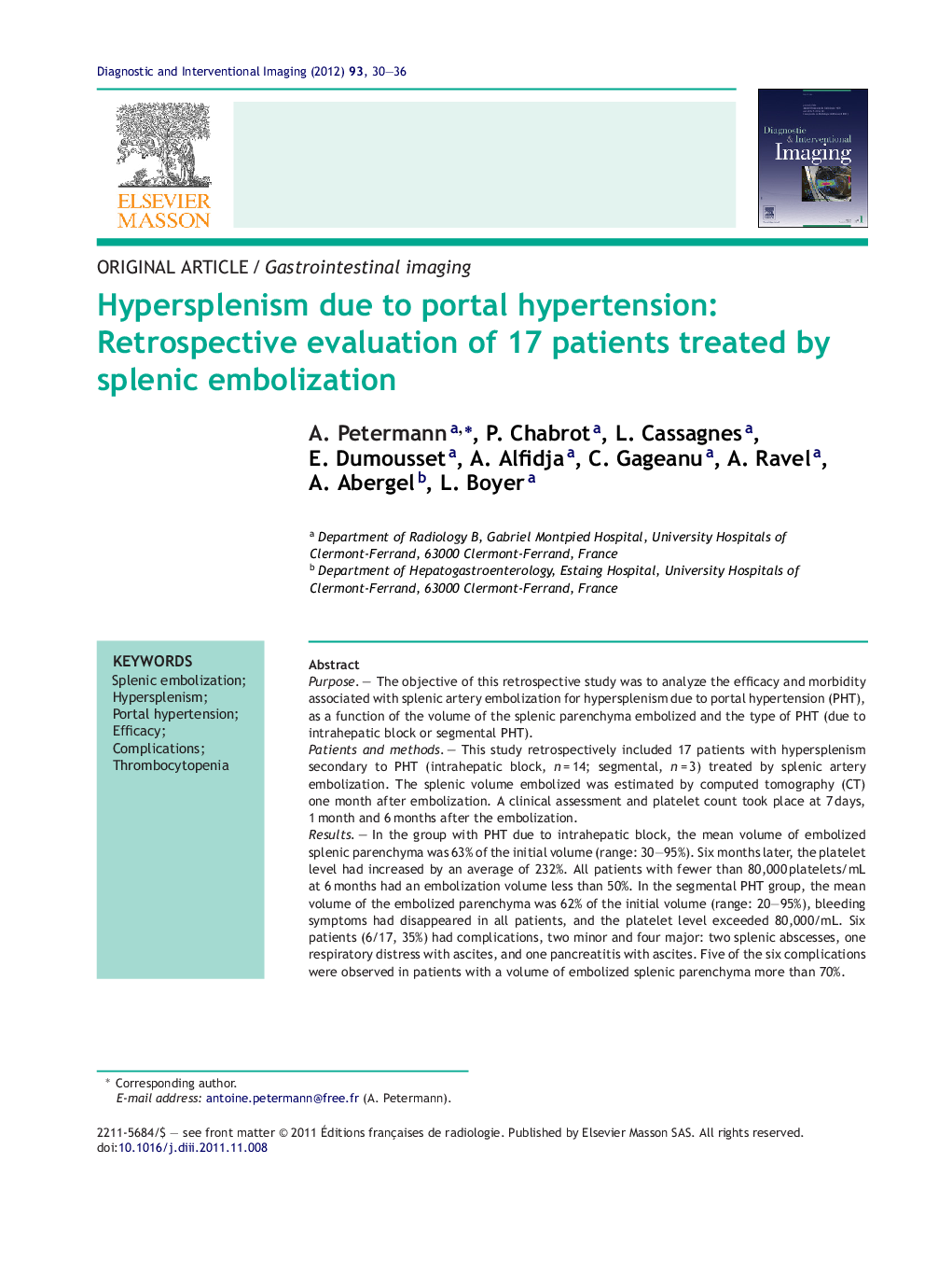 Hypersplenism due to portal hypertension: Retrospective evaluation of 17 patients treated by splenic embolization