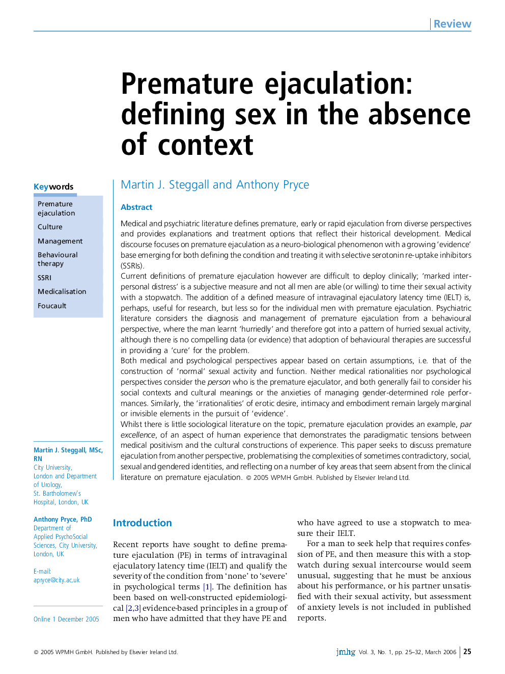 Premature ejaculation: defining sex in the absence of context