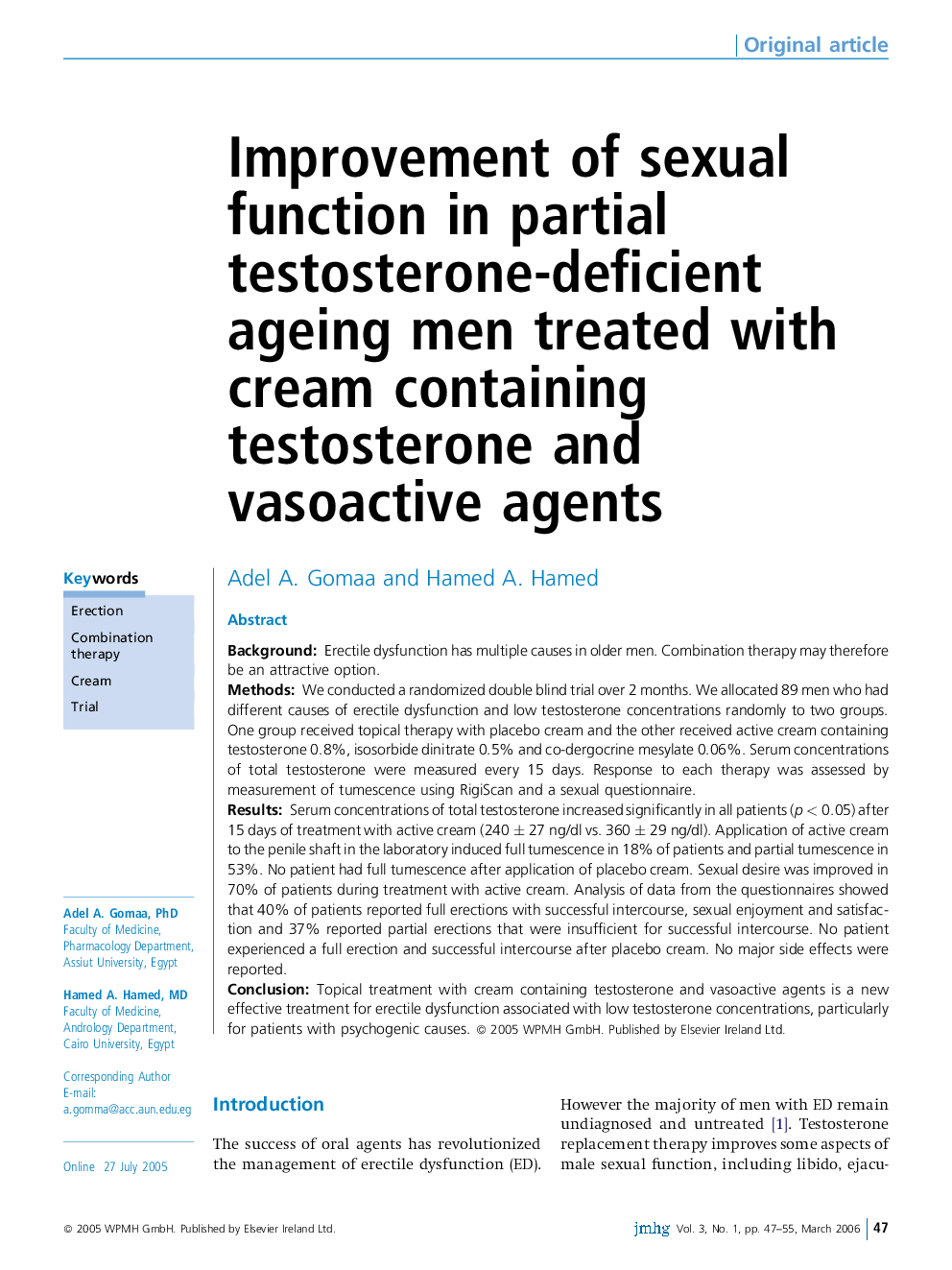 Improvement of sexual function in partial testosterone-deficient ageing men treated with cream containing testosterone and vasoactive agents