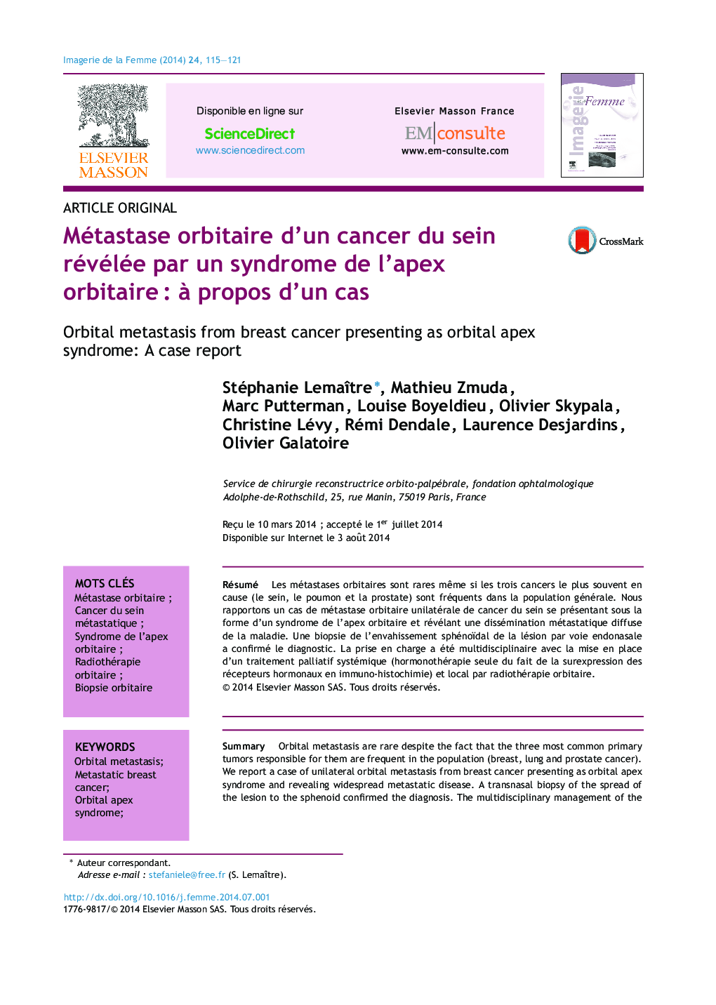 Métastase orbitaire d'un cancer du sein révélée par un syndrome de l'apex orbitaireÂ : Ã  propos d'un cas