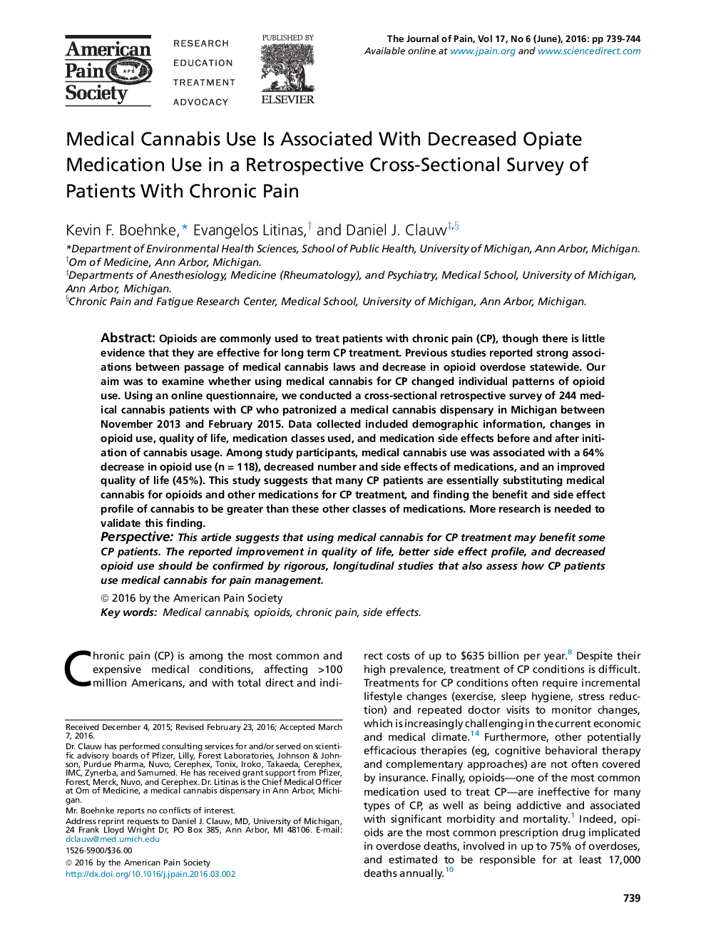 استفاده از کانابیس پزشکی با کاهش مصرف داروهای مخدر در یک بررسی مجدد مقطعی از بیماران مبتلا به درد مزمن مرتبط است