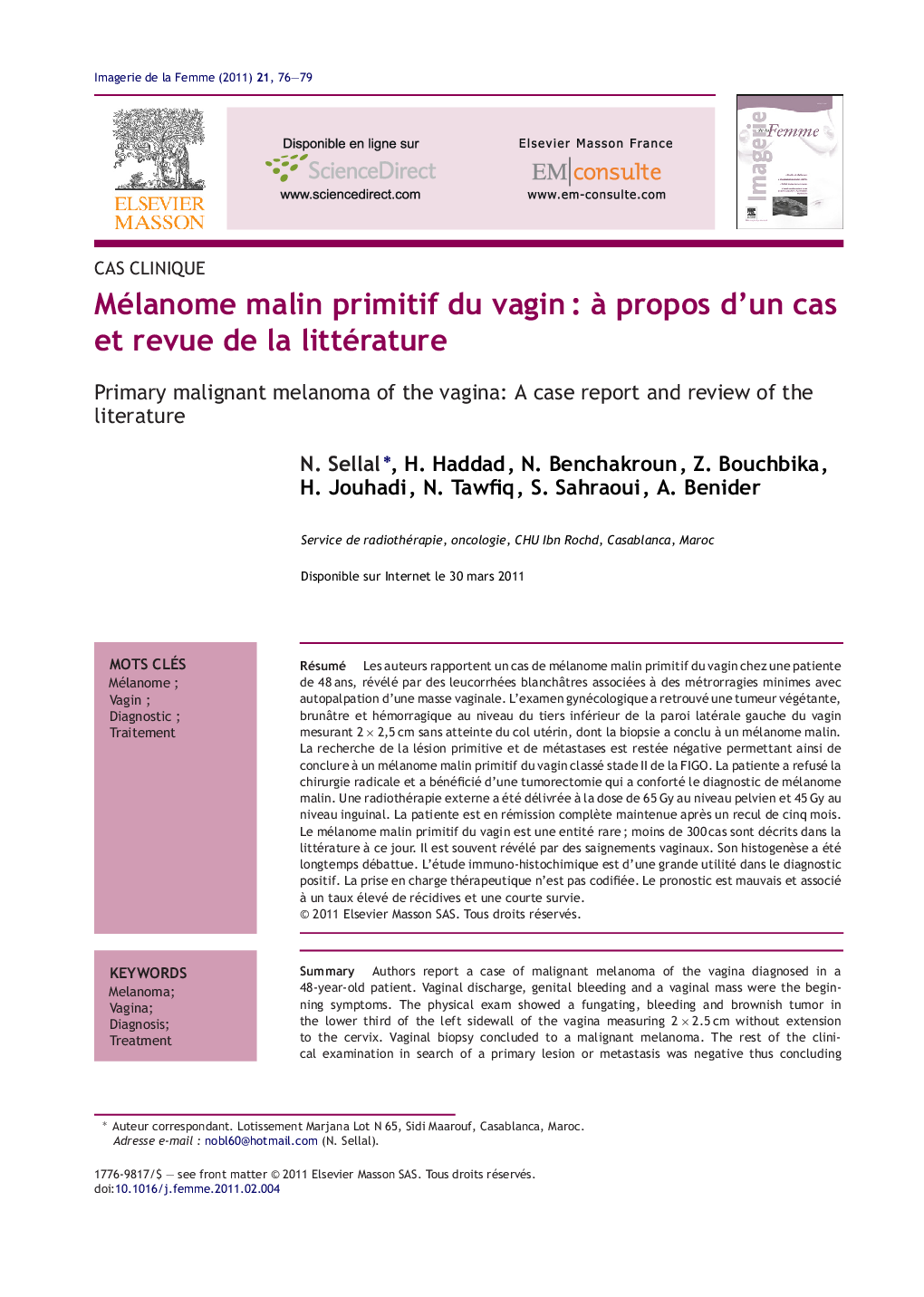 Mélanome malin primitif du vaginÂ : Ã  propos d'un cas et revue de la littérature