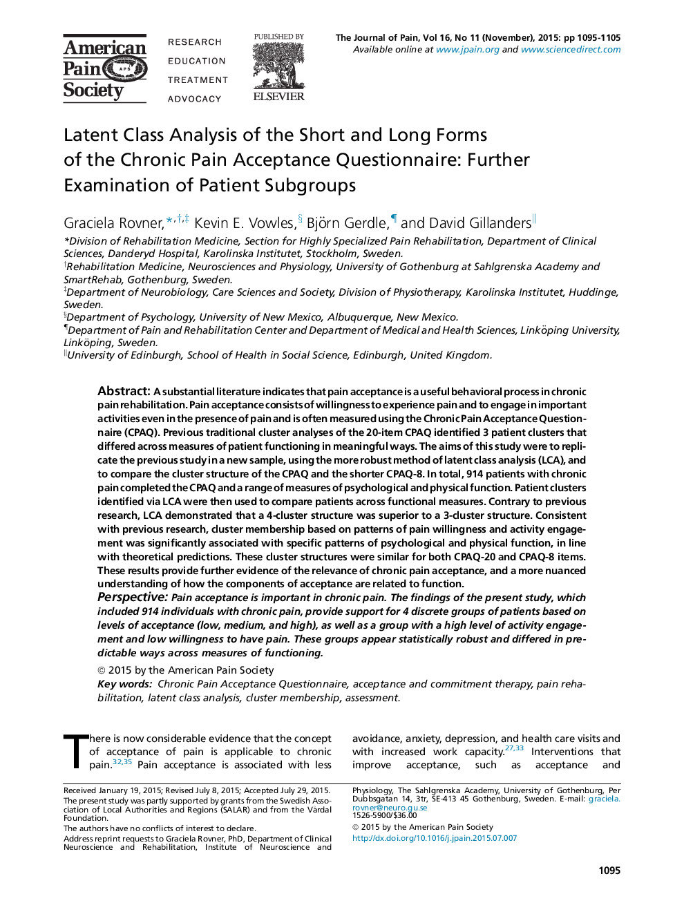 Latent Class Analysis of the Short and Long Forms of the Chronic Pain Acceptance Questionnaire: Further Examination of Patient Subgroups 