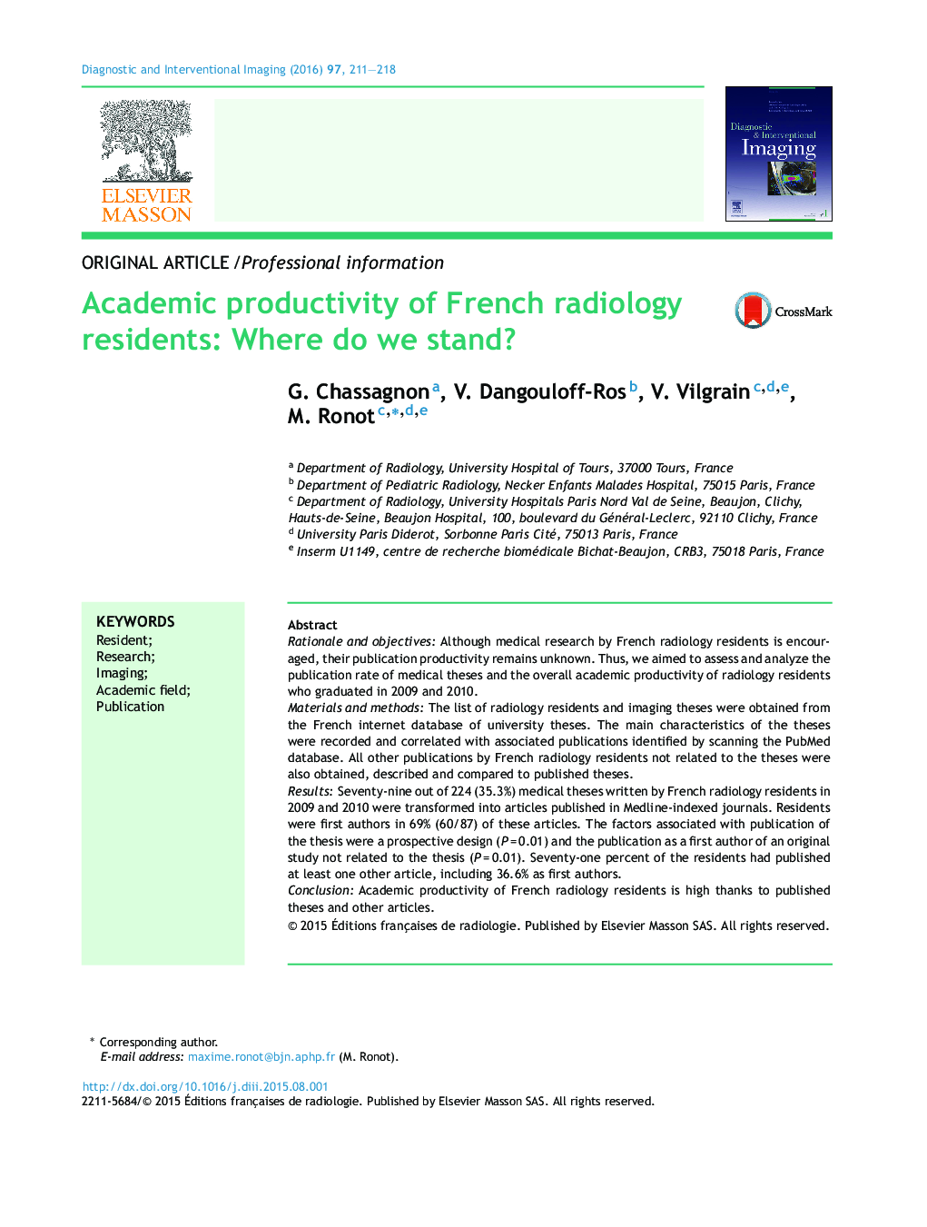 Academic productivity of French radiology residents: Where do we stand?