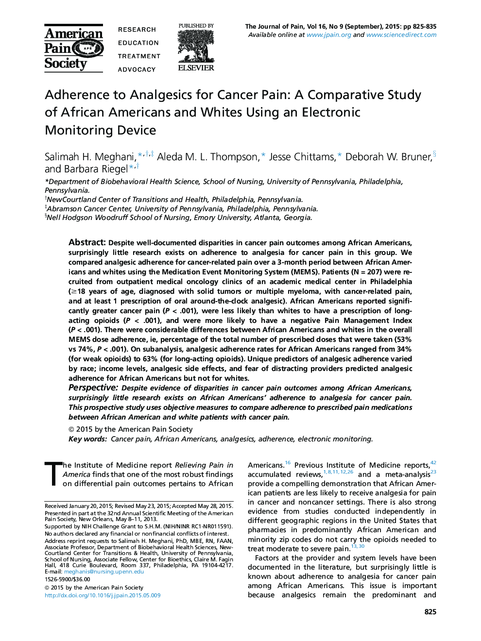 Adherence to Analgesics for Cancer Pain: A Comparative Study of African Americans and Whites Using an Electronic Monitoring Device 