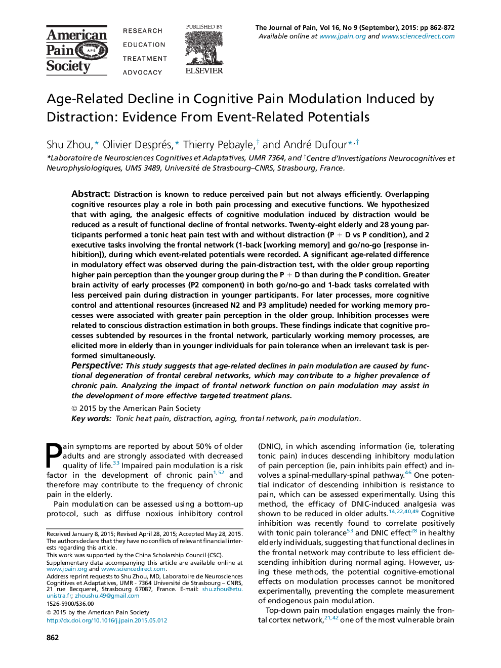 Age-Related Decline in Cognitive Pain Modulation Induced by Distraction: Evidence From Event-Related Potentials 