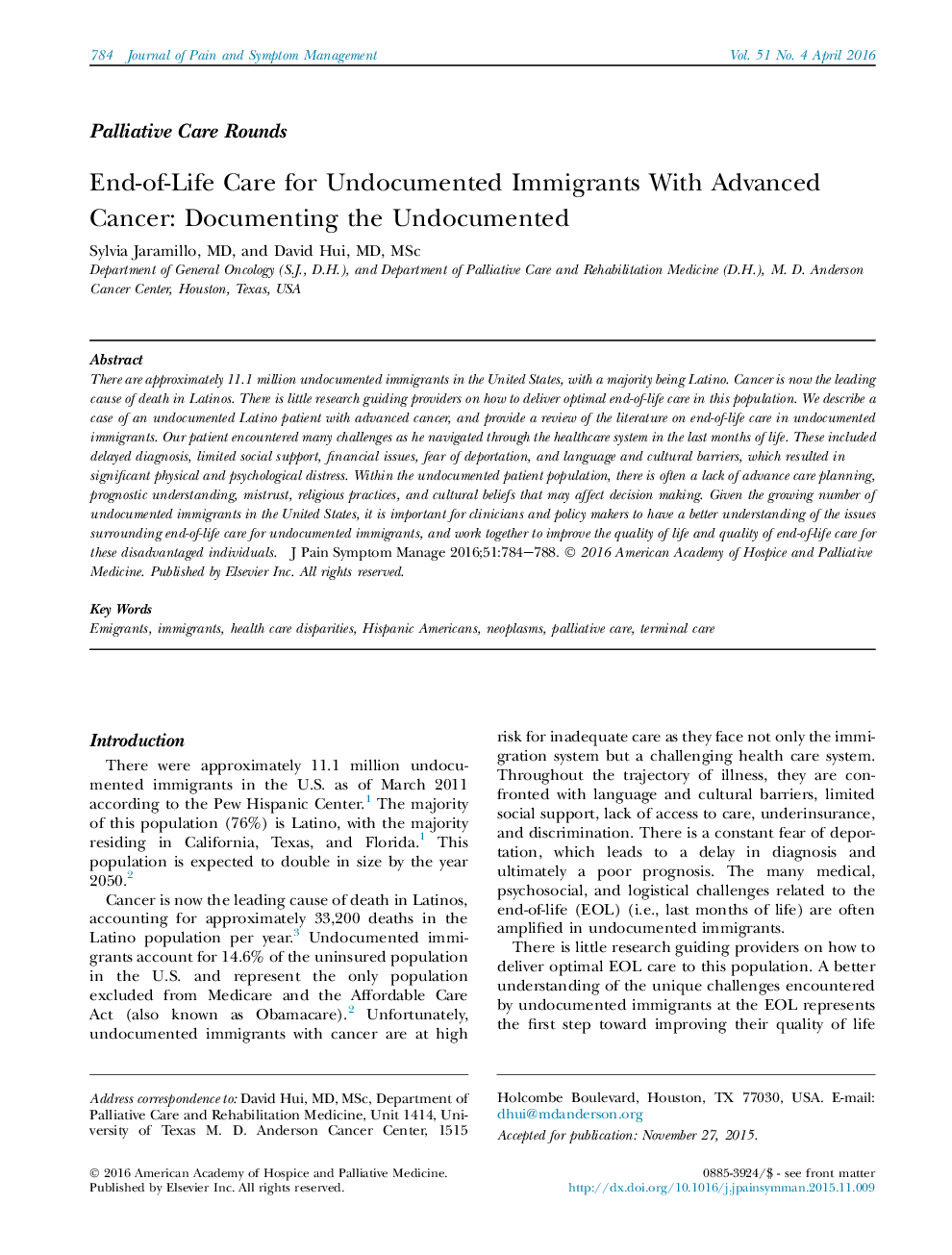 End-of-Life Care for Undocumented Immigrants With Advanced Cancer: Documenting the Undocumented