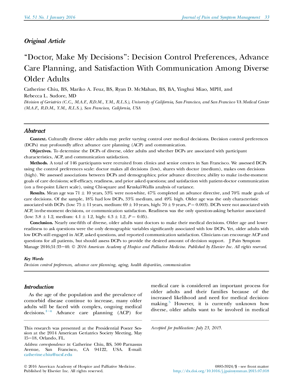 “Doctor, Make My Decisions”: Decision Control Preferences, Advance Care Planning, and Satisfaction With Communication Among Diverse Older Adults