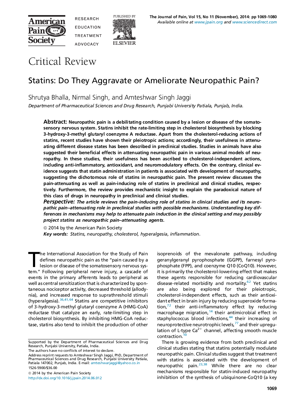 Statins: Do They Aggravate or Ameliorate Neuropathic Pain? 