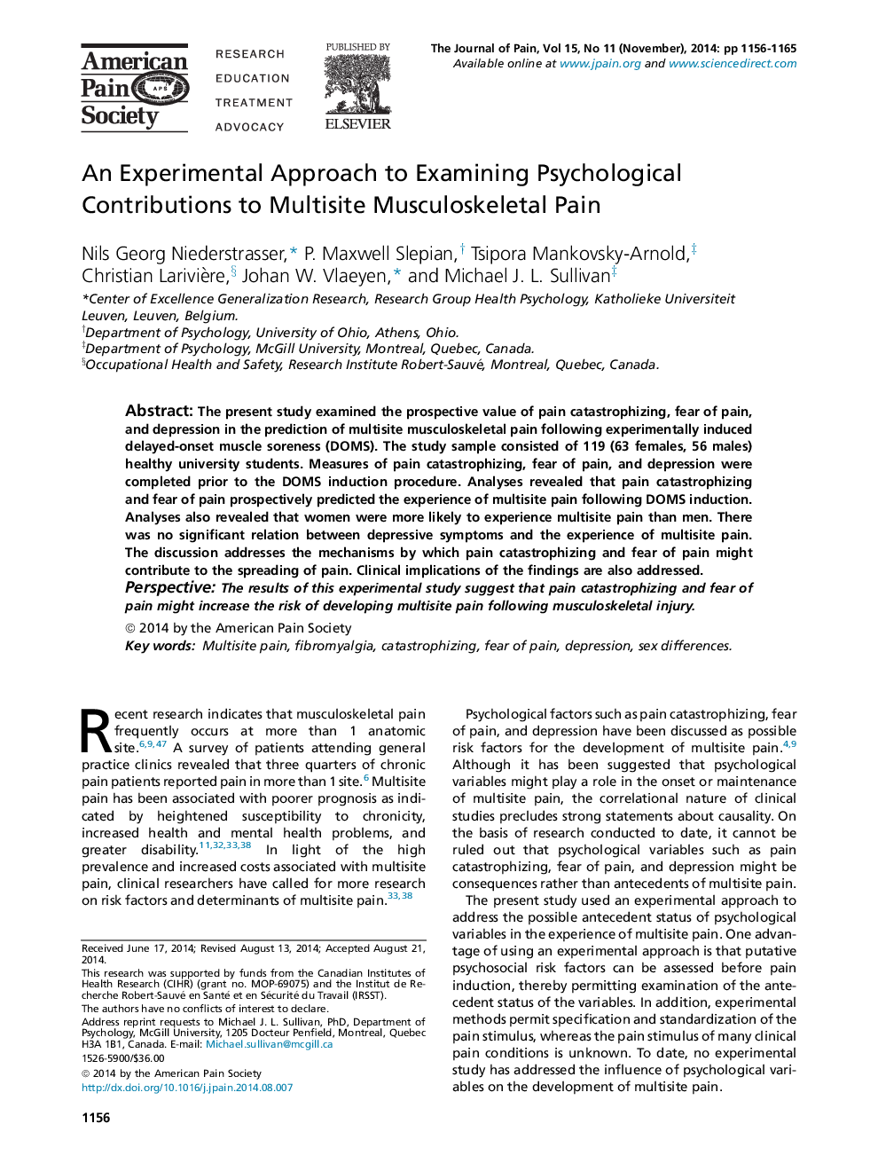 An Experimental Approach to Examining Psychological Contributions to Multisite Musculoskeletal Pain 