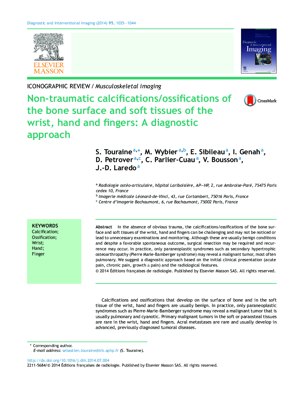 Non-traumatic calcifications/ossifications of the bone surface and soft tissues of the wrist, hand and fingers: A diagnostic approach