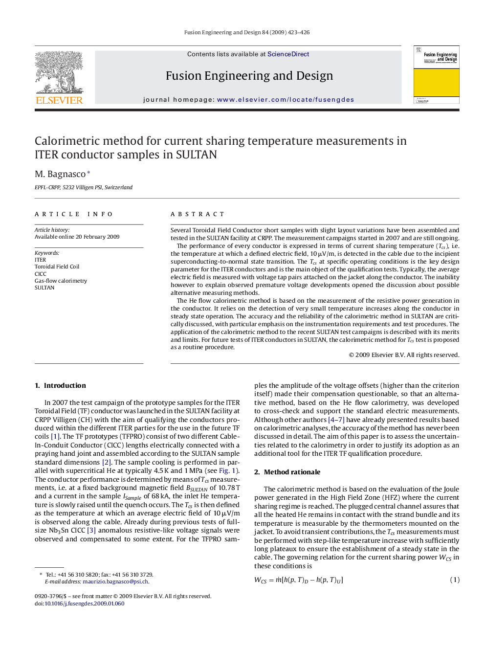 Calorimetric method for current sharing temperature measurements in ITER conductor samples in SULTAN