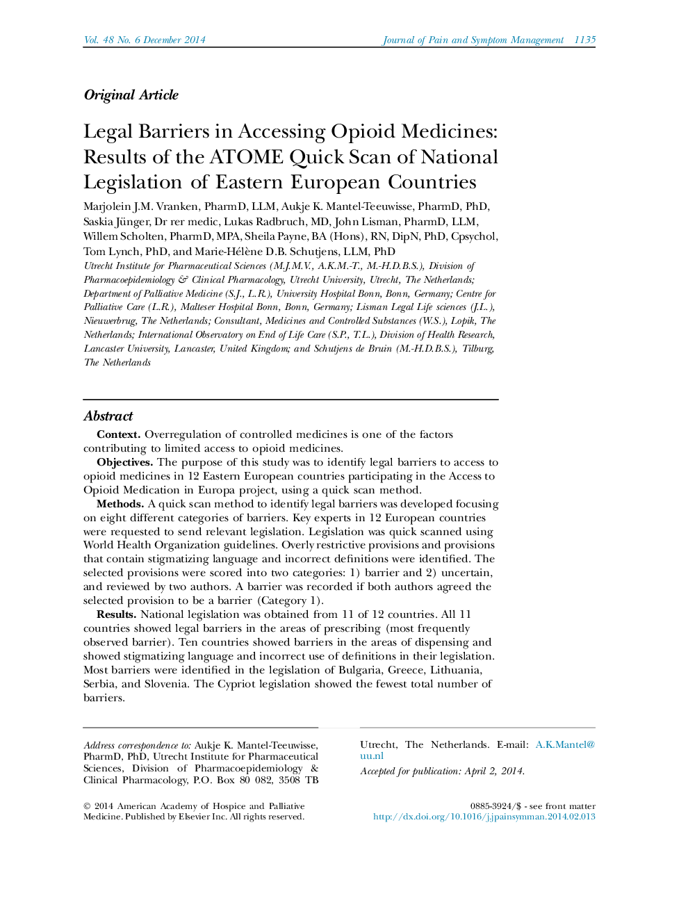 Legal Barriers in Accessing Opioid Medicines: Results of the ATOME Quick Scan of National Legislation of Eastern European Countries