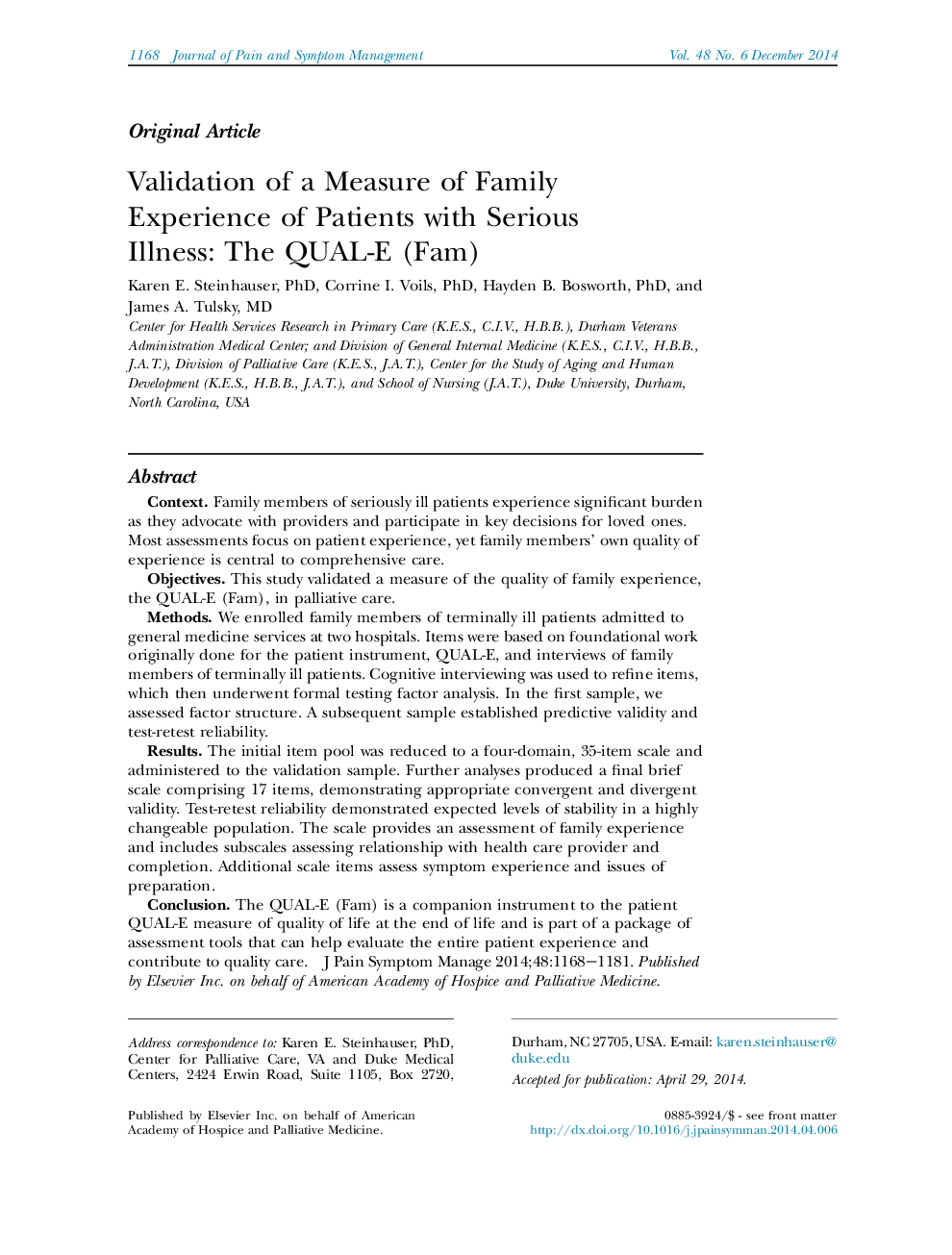 Validation of a Measure of Family Experience of Patients with Serious Illness: The QUAL-E (Fam)