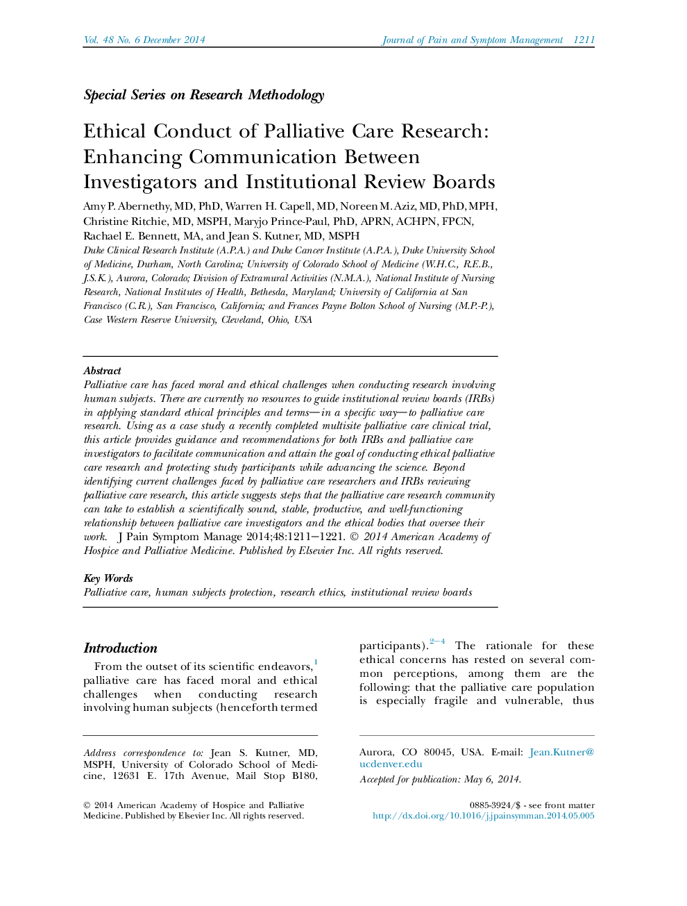 Ethical Conduct of Palliative Care Research: Enhancing Communication Between Investigators and Institutional Review Boards