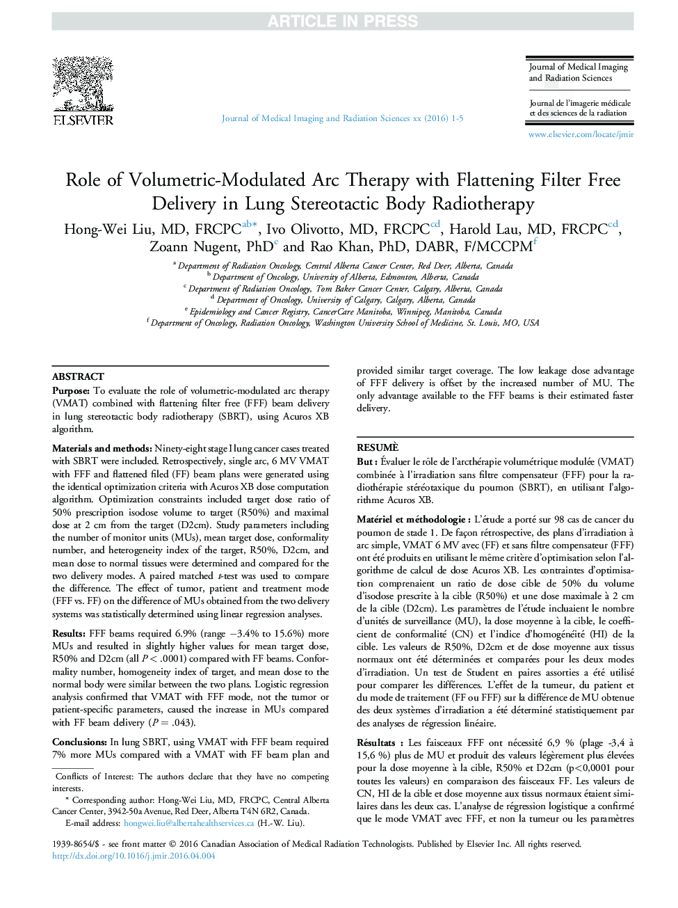 Role of Volumetric-Modulated Arc Therapy with Flattening Filter Free Delivery in Lung Stereotactic Body Radiotherapy