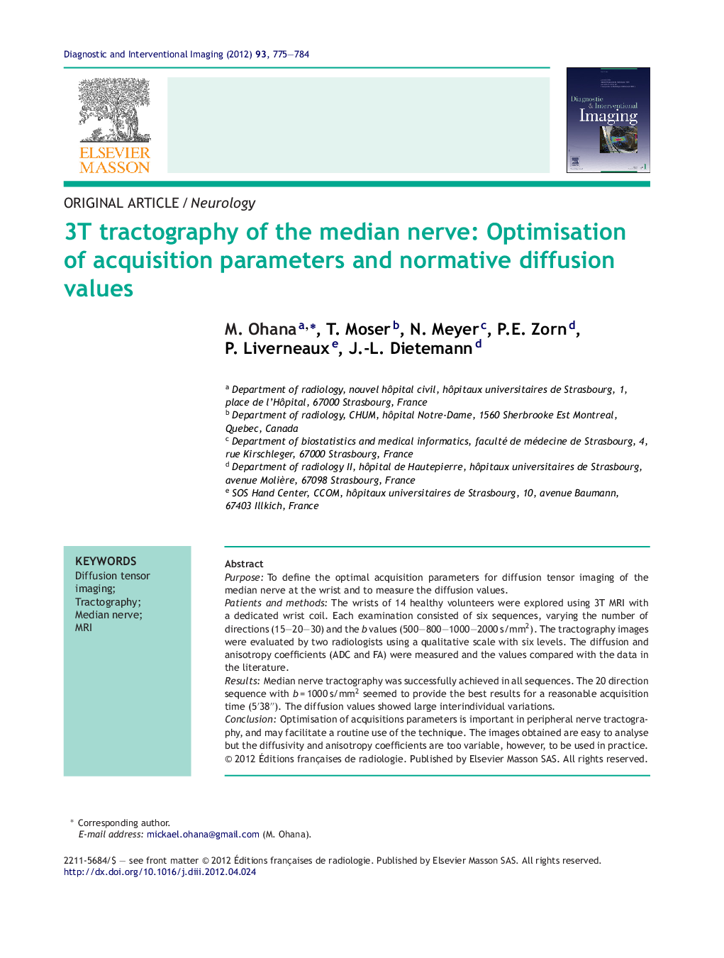 3T tractography of the median nerve: Optimisation of acquisition parameters and normative diffusion values