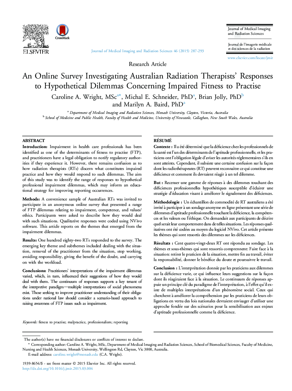 An Online Survey Investigating Australian Radiation Therapists' Responses to Hypothetical Dilemmas Concerning Impaired Fitness to Practise