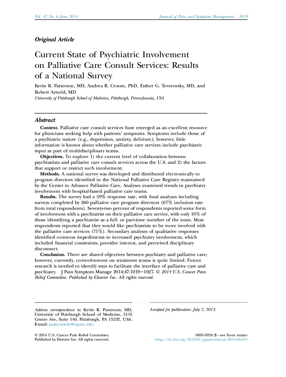 Current State of Psychiatric Involvement on Palliative Care Consult Services: Results of a National Survey