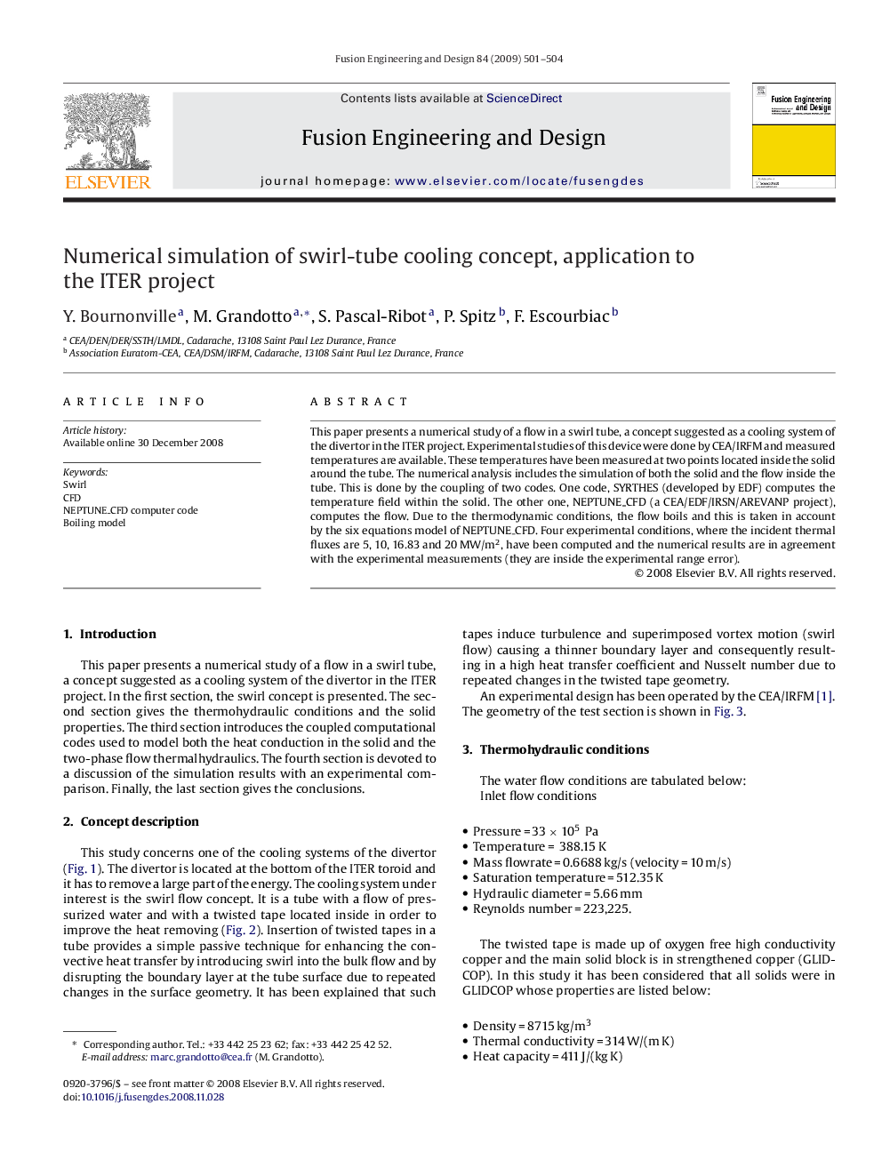 Numerical simulation of swirl-tube cooling concept, application to the ITER project