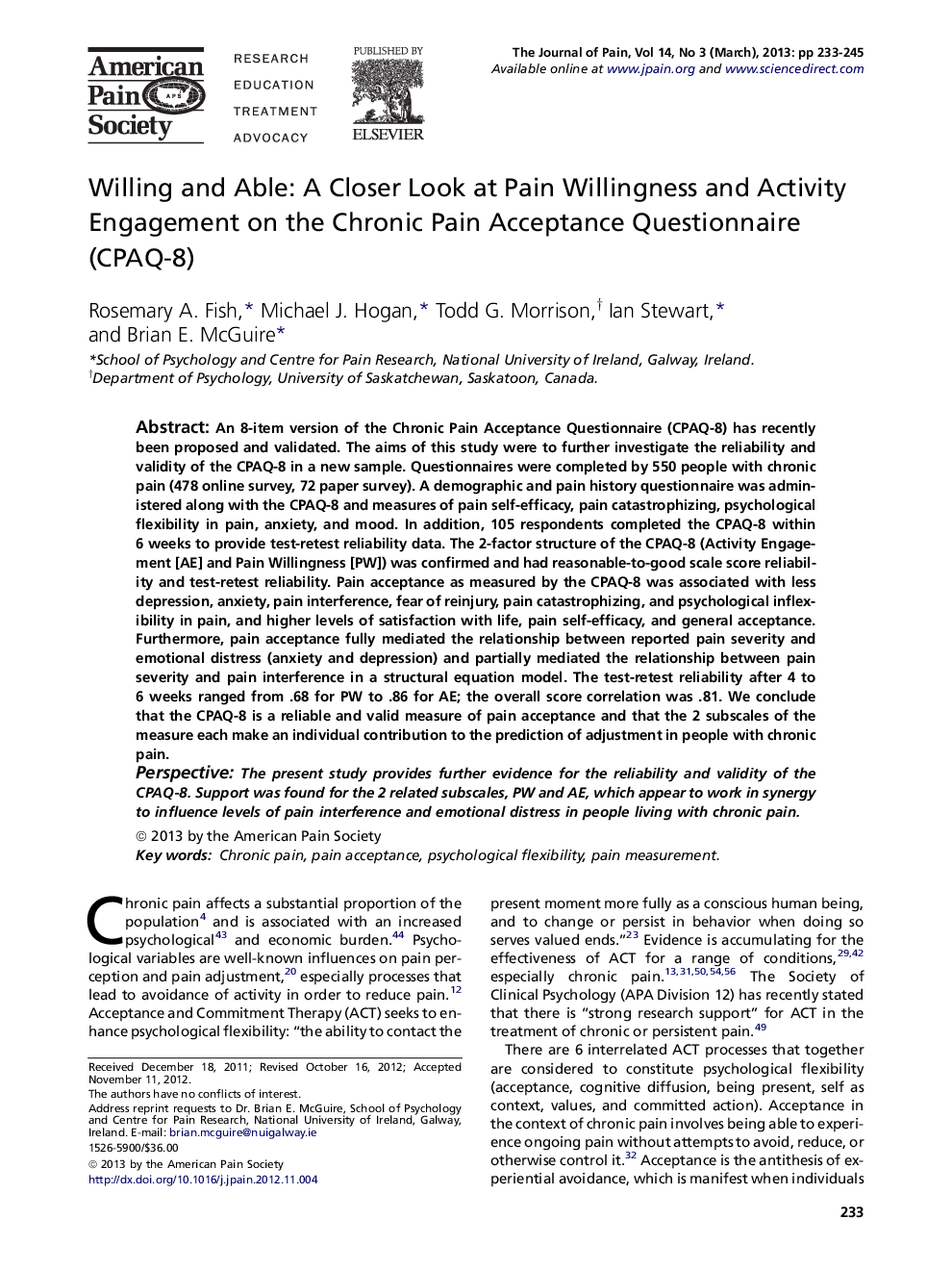 Willing and Able: A Closer Look at Pain Willingness and Activity Engagement on the Chronic Pain Acceptance Questionnaire (CPAQ-8) 