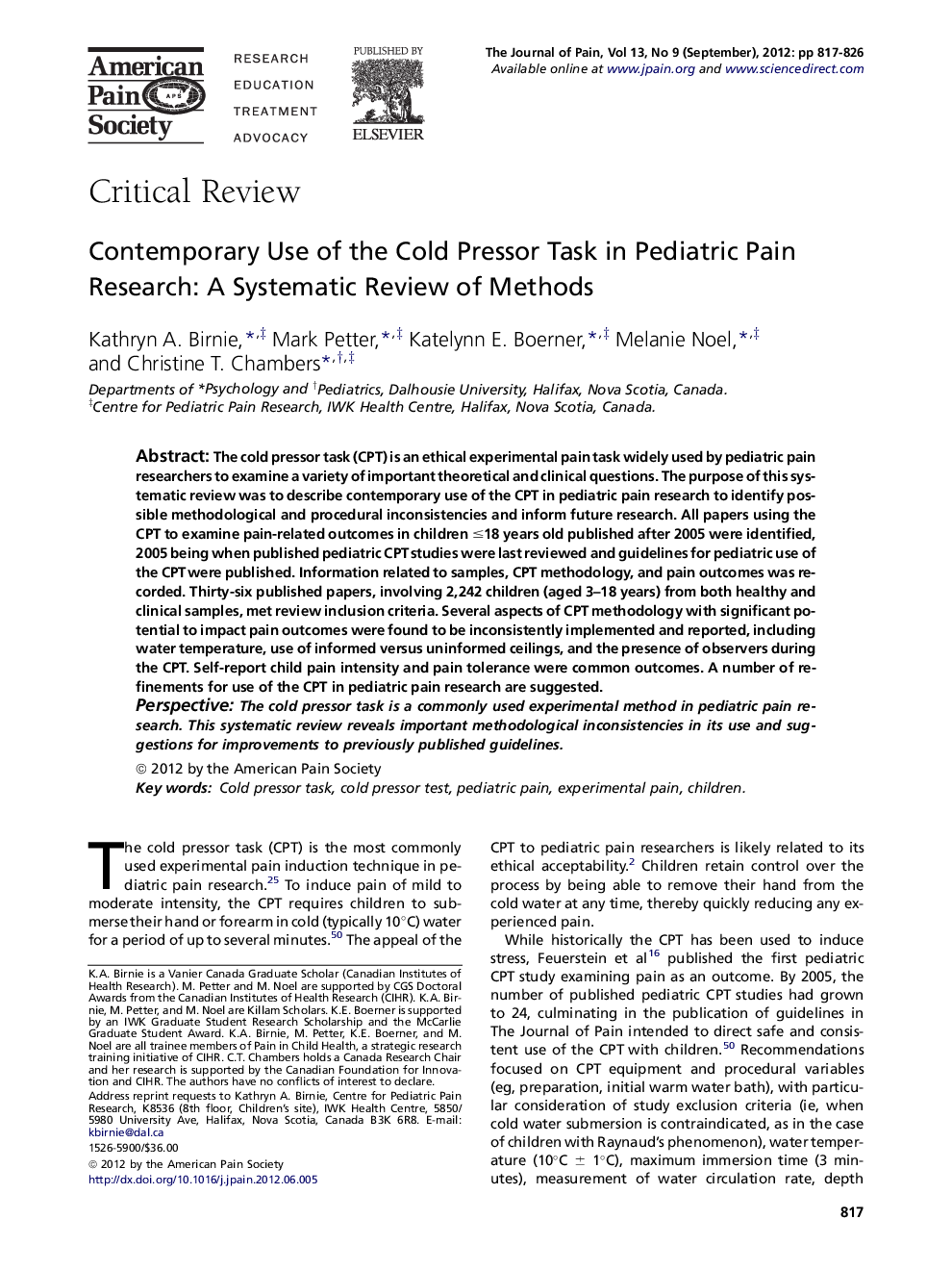 Contemporary Use of the Cold Pressor Task in Pediatric Pain Research: A Systematic Review of Methods 