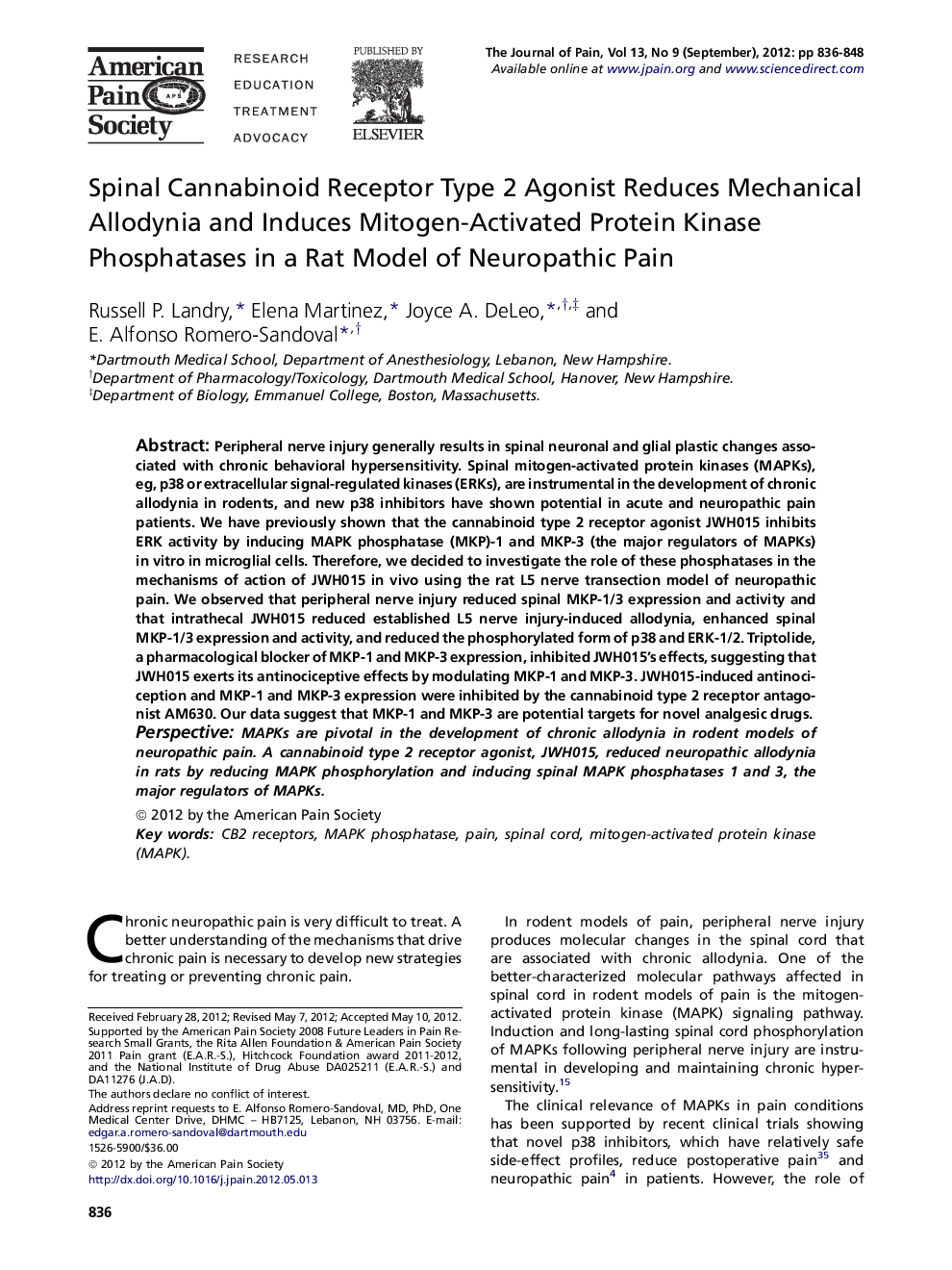 Spinal Cannabinoid Receptor Type 2 Agonist Reduces Mechanical Allodynia and Induces Mitogen-Activated Protein Kinase Phosphatases in a Rat Model of Neuropathic Pain 